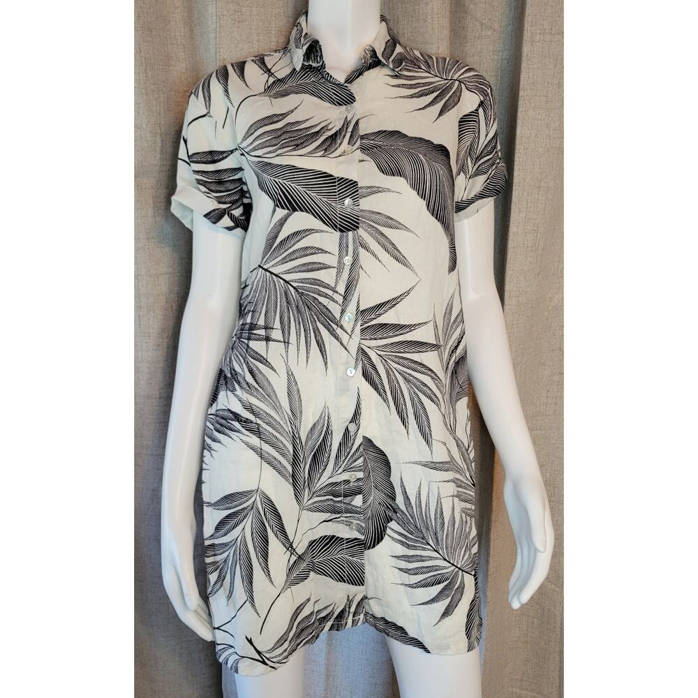Tahari 100% Linen Shirt Dress Button Down Boho Palm Black White Short Sleeve XS